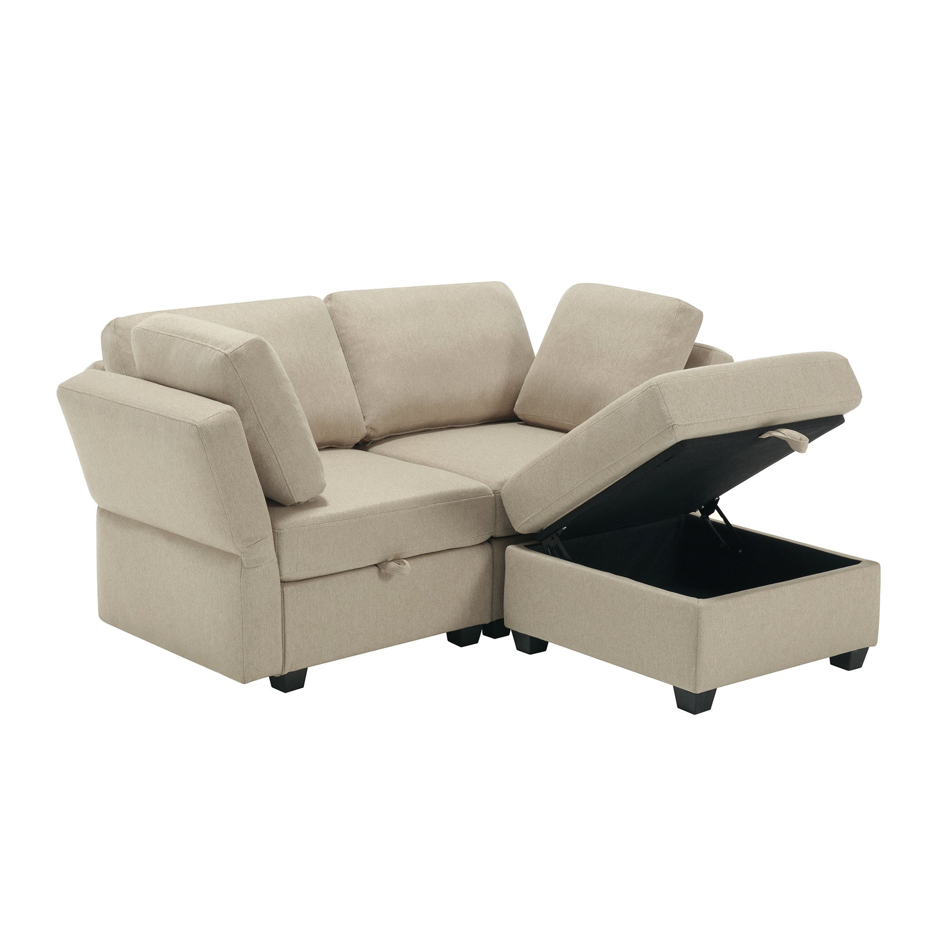 Space Saving Small Sectional Sofa With Ottoman, 2 Seater Sofa With 1 Ottoman, All Seats And Ottomans With Storage Function Beige Beige Fabric 2 Seat