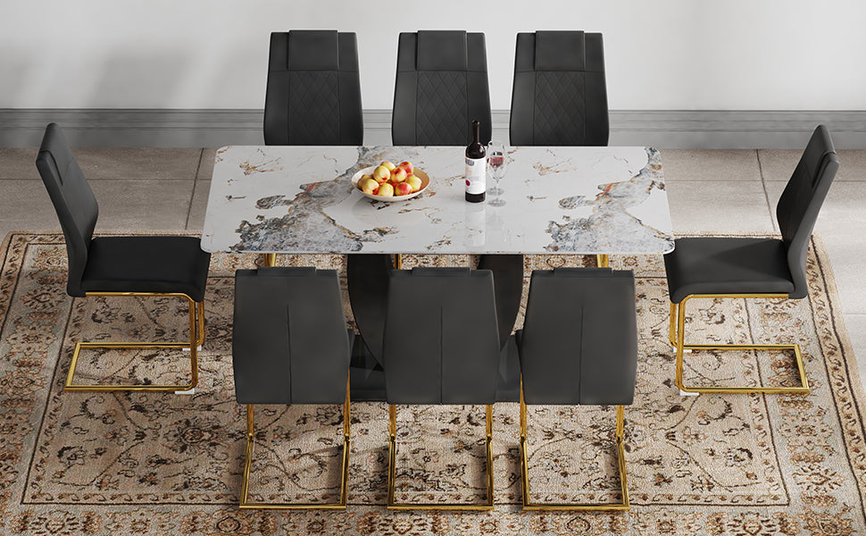 Table And Chair Set, Modern Dining Table, Patterned Table Top And Black Mdf Table Leg, Soft And Comfortable Dining Chair, Perfect For Dinner, Meetings, Home And Office Decor Black Mdf Glass