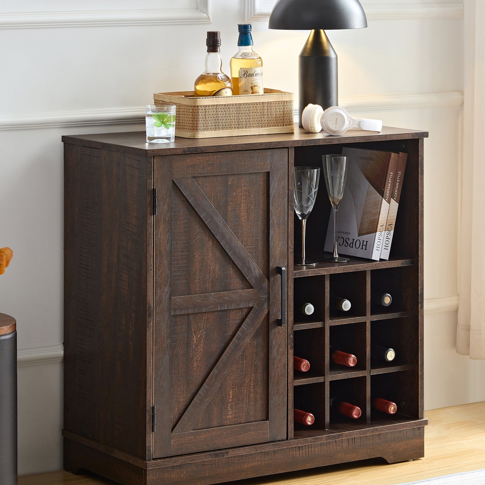 Wine Bar Cabinet For Liquor And Glasses, Farmhouse Coffee Bar, Cabinet With Wine Rack Barn Door Buffet Sideboard Cabinet With Drawer, Adjustable Storage Shelves, 31.5"*15.75"*31.5" Espresso Espresso