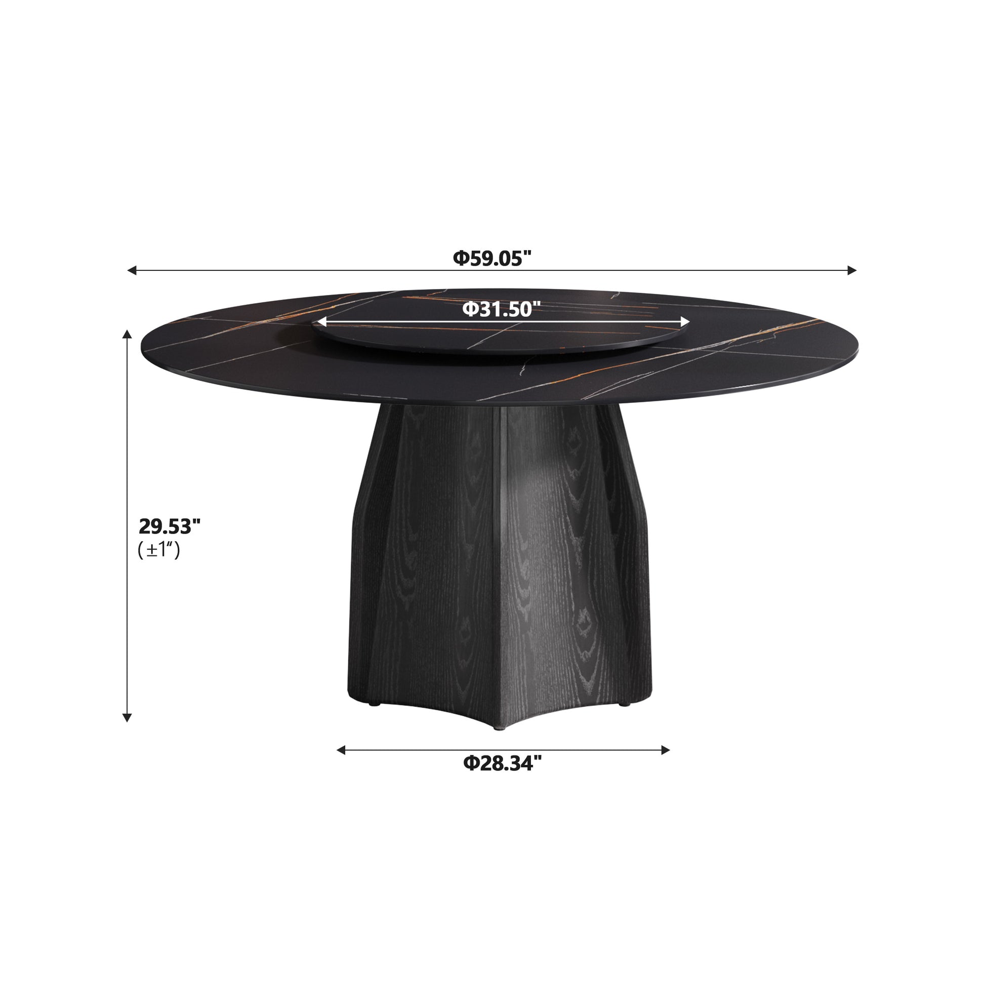 59.05" Round Marble Dining Table With Black Textured Solid Wood Base, Artificial Marble For 6 8 People, 31.5"Black Artificial Stone Turntable,Black Dining Table Only Black Modern Wood Sintered Stone