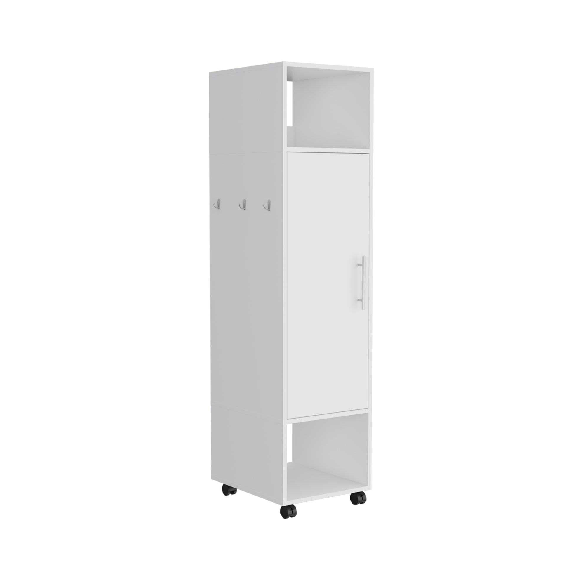 Cluster 63" Tall Wardrove One Door Cabinet With Mirror, Three Shelves, Casters And Hanging Rod, Armoire, Bedroom Clothes Storage, Cabinet Organizer White Particle Board