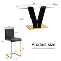 Table And Chair Set,Clear Tempered Glass And Black Legs Of The Table, Pu And Gold Legs Of The Chair Black Seats 6 Tempered Glass