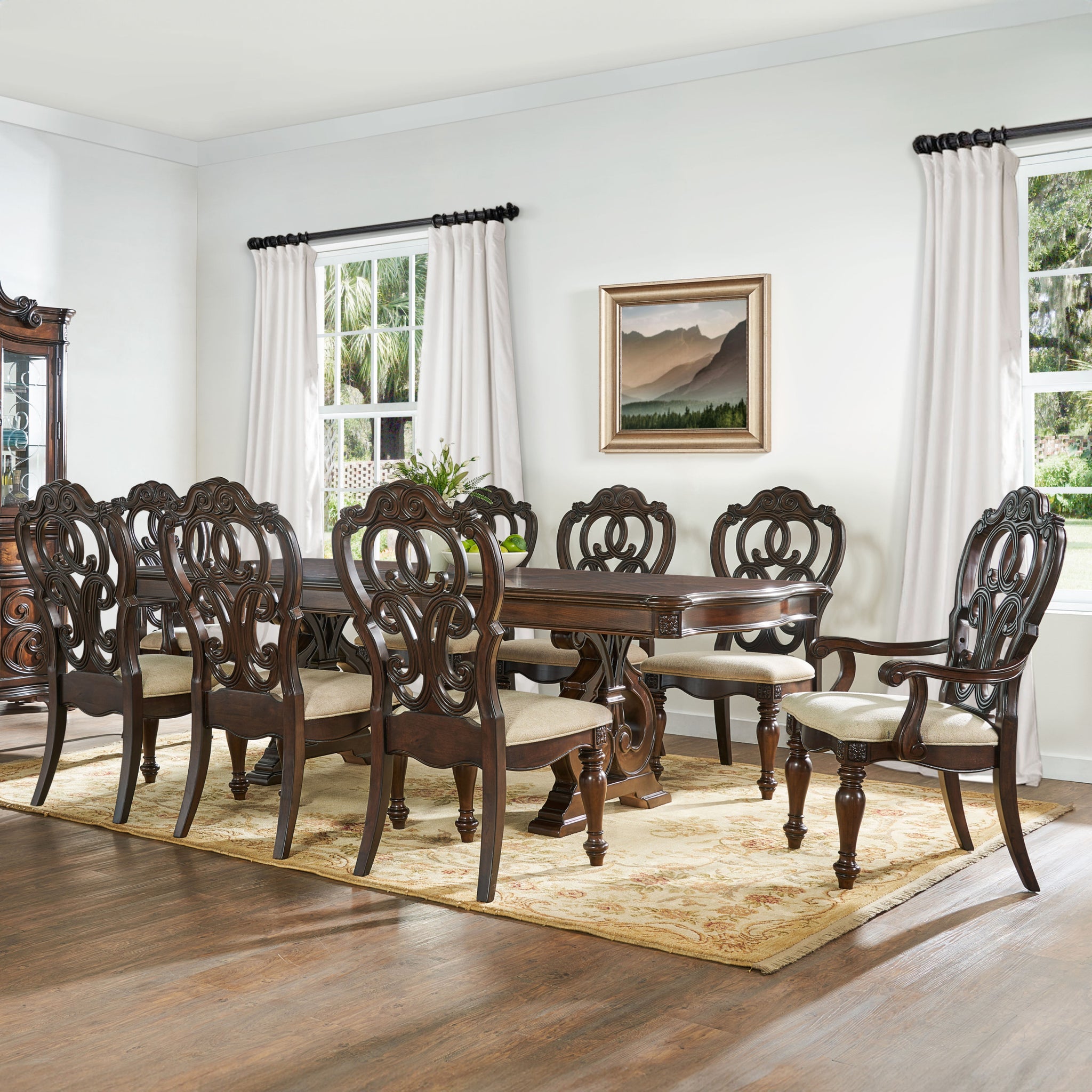 Royale 9 Piece Dining Set Dining Table, 6 Side Chairs, 2 Arm Chairs Brown Brown Fabric