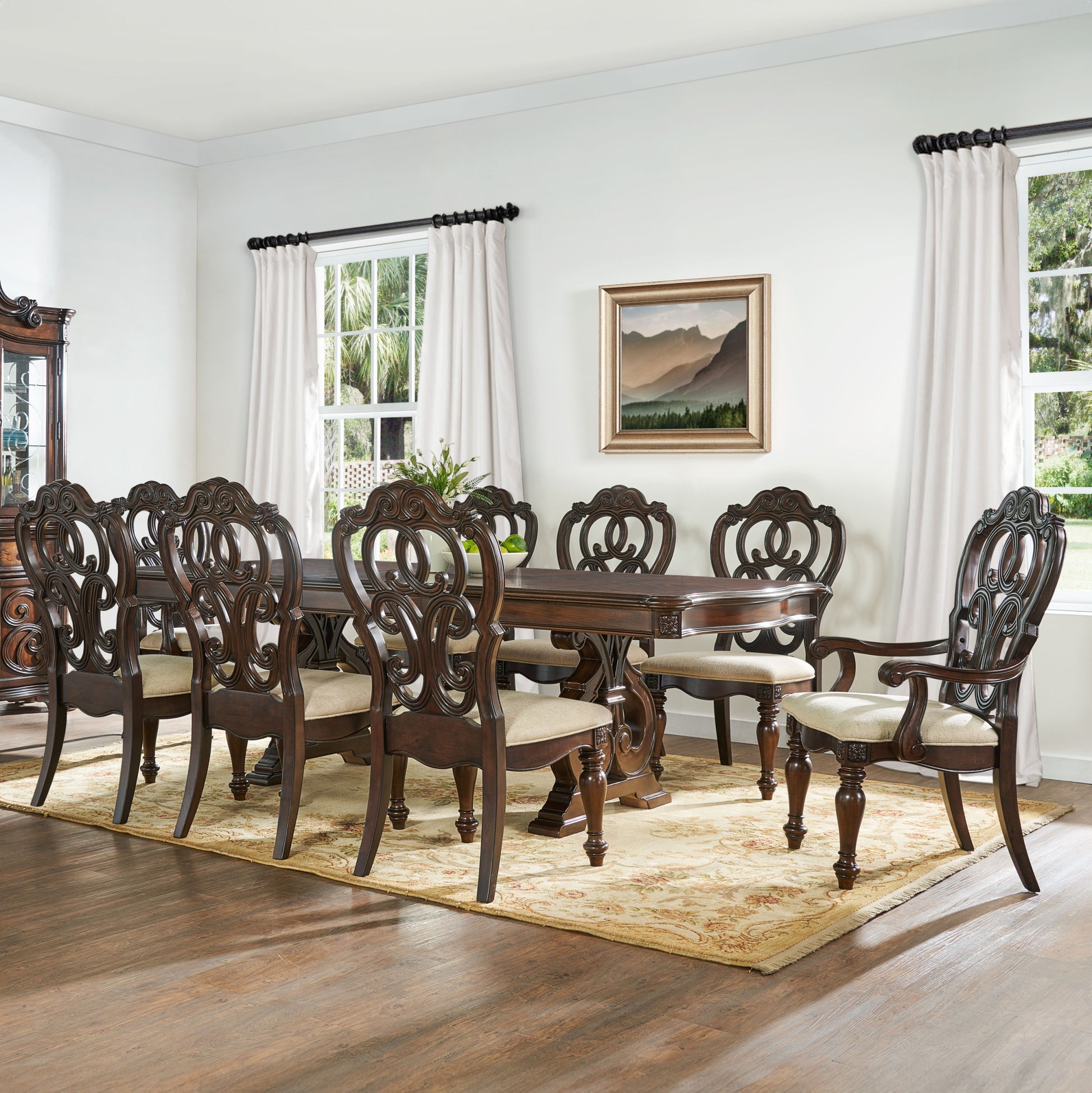 Royale 9 Piece Dining Set Dining Table, 6 Side Chairs, 2 Arm Chairs Brown Brown Fabric