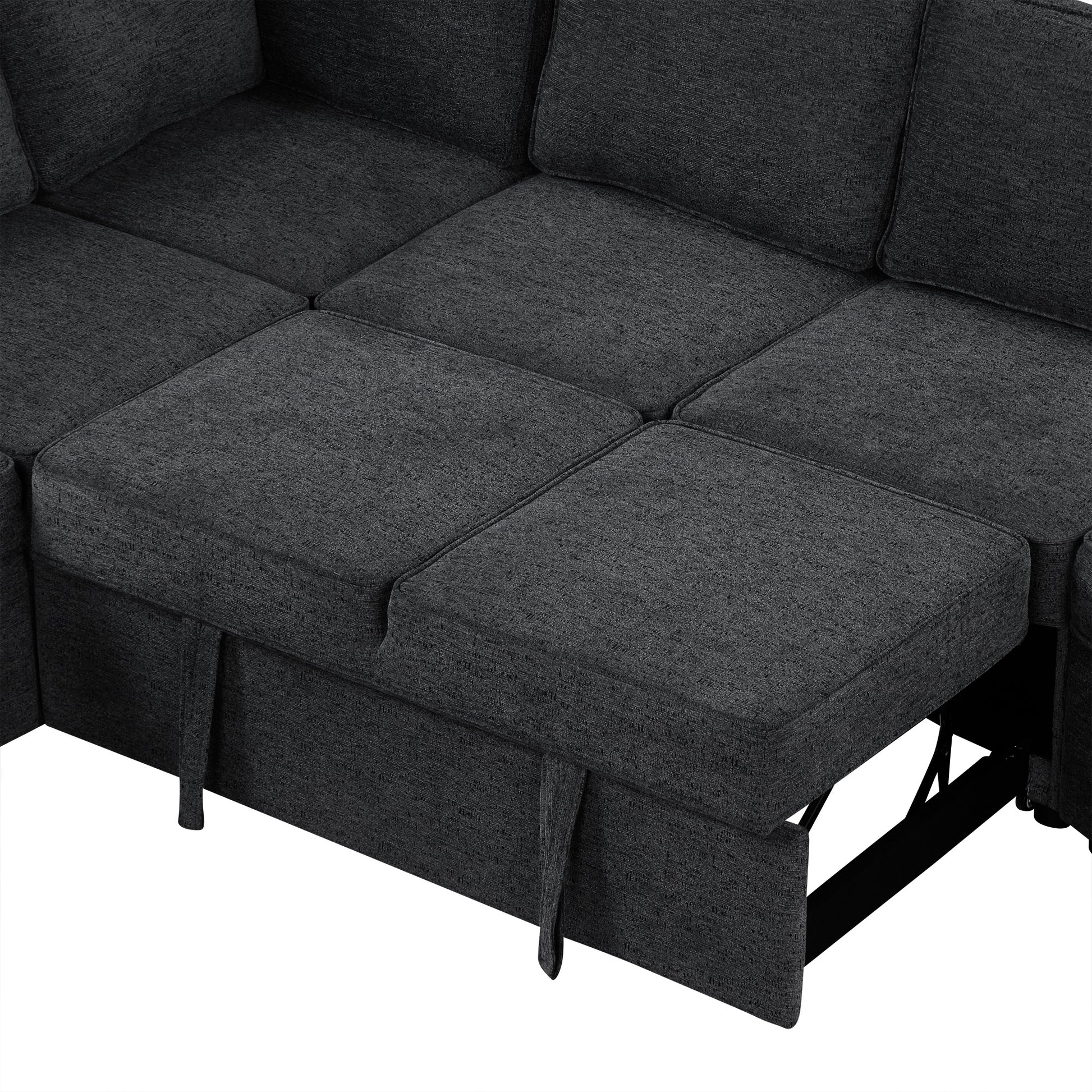 126" L Shaped Sofa Sectional Sofa Couch Pull Out Sofa Bed With Charging Devices And Cup Holders For Living Room, Blue Black Black Blue Foam Chenille 6 Seat