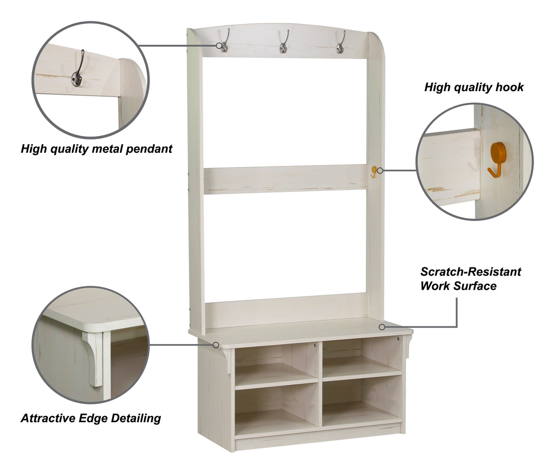 "Hall Tree & Shoe Bench" "Charming Antique White Hall Tree With Adjustable Storage Bench Classic Entryway Furniture For Organization And Style" White Solid Wood