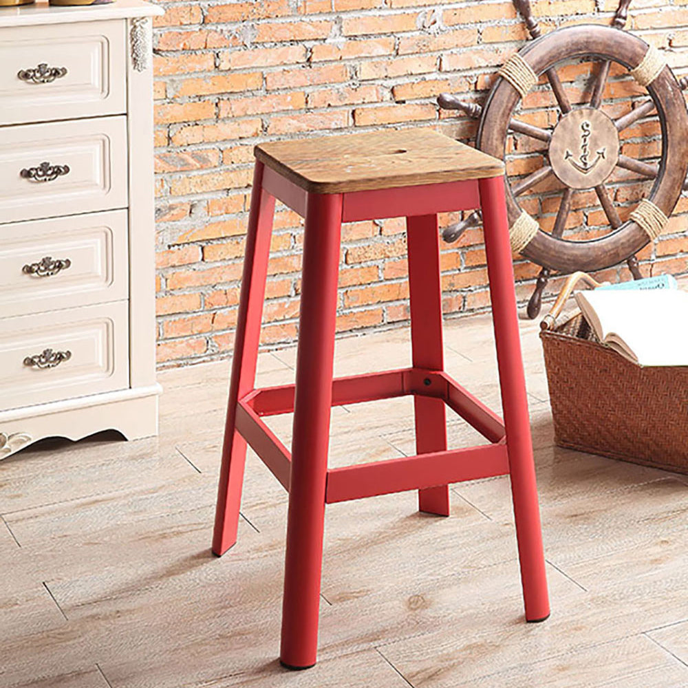 Natural And Red Armless Bar Stool With Crossbar Support Red Bedroom Farmhouse Pine 1 Wood Metal