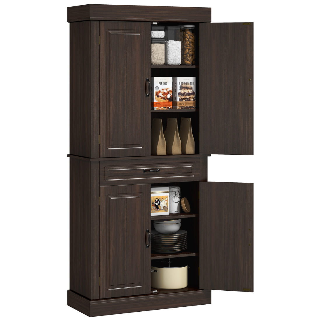 Homcom 71" Freestanding Kitchen Pantry With 4 Doors, And 2 Large Cabinets, Tall Storage Cabinet With Wide Drawer For Dining Room, Coffee Coffee Particle Board