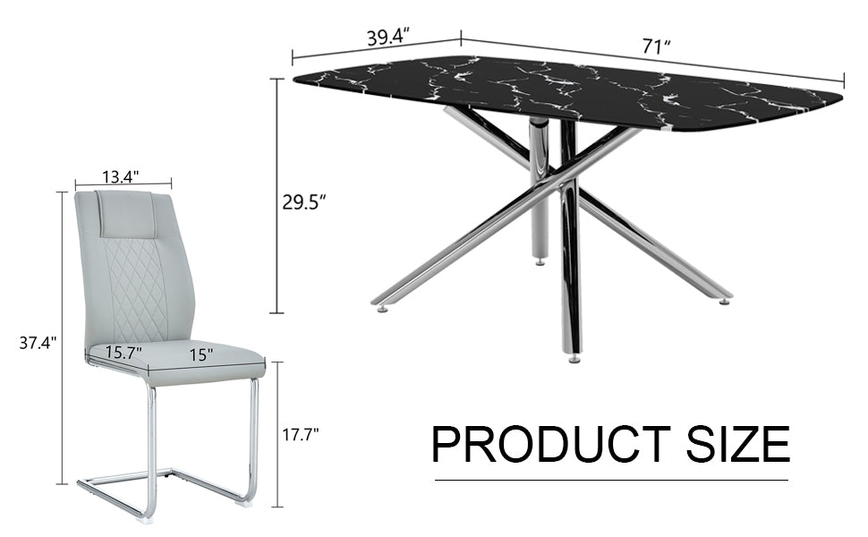 Table And Chair Set, Large Modern Minimalist Rectangular Dining Table, 0.39 "Imitation Marble Tabletop And Silver Metal Legs, Soft Leather Seats. F 1537 Silver Glass Metal