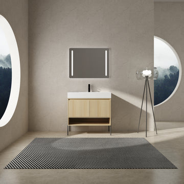 36" Bathroom Vanity Combo W Single Ceramic Sink, Modern Storage Cabinet Set 2 Door, Multilayer Solid Wood, Oak Oak Bathroom American Design Engineered Wood