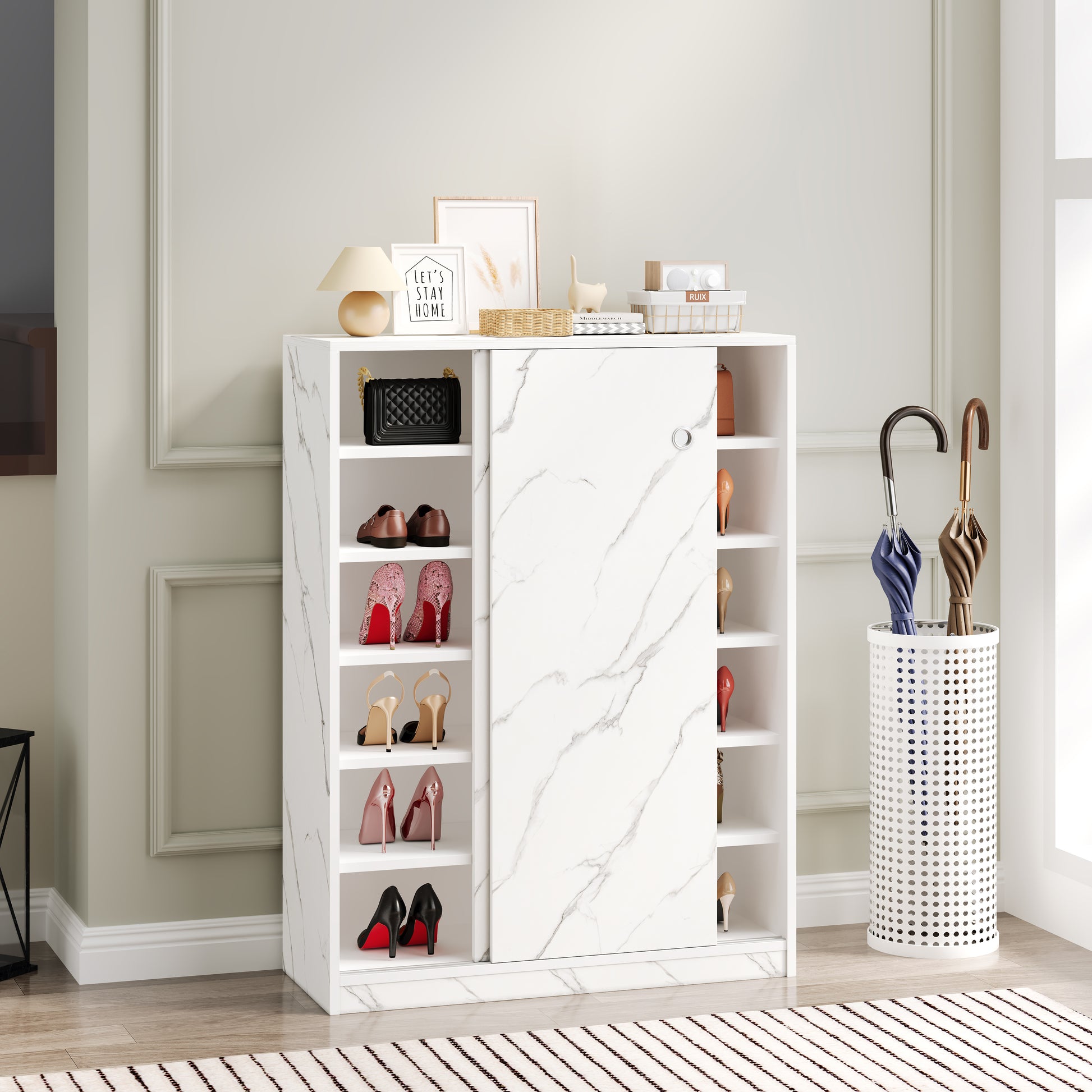 Marble White Shoe Cabient With Sliding Door Have 6 Layers Can Storage At Least30 Pairs Shoes White Particle Board