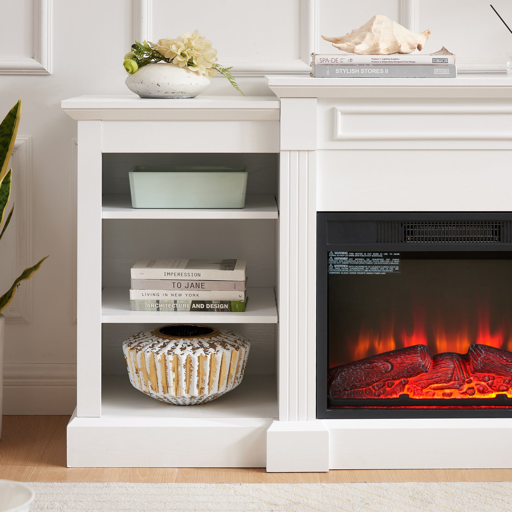 Media Console Table With Large Storage Cabinet, With 23" Fireplace Insert, For Tv Up To 70'', Modern Tv Media Entertaionment Stand, White, 65.75"W*17"D*32.48"H White 39 Inches Or Less Mdf