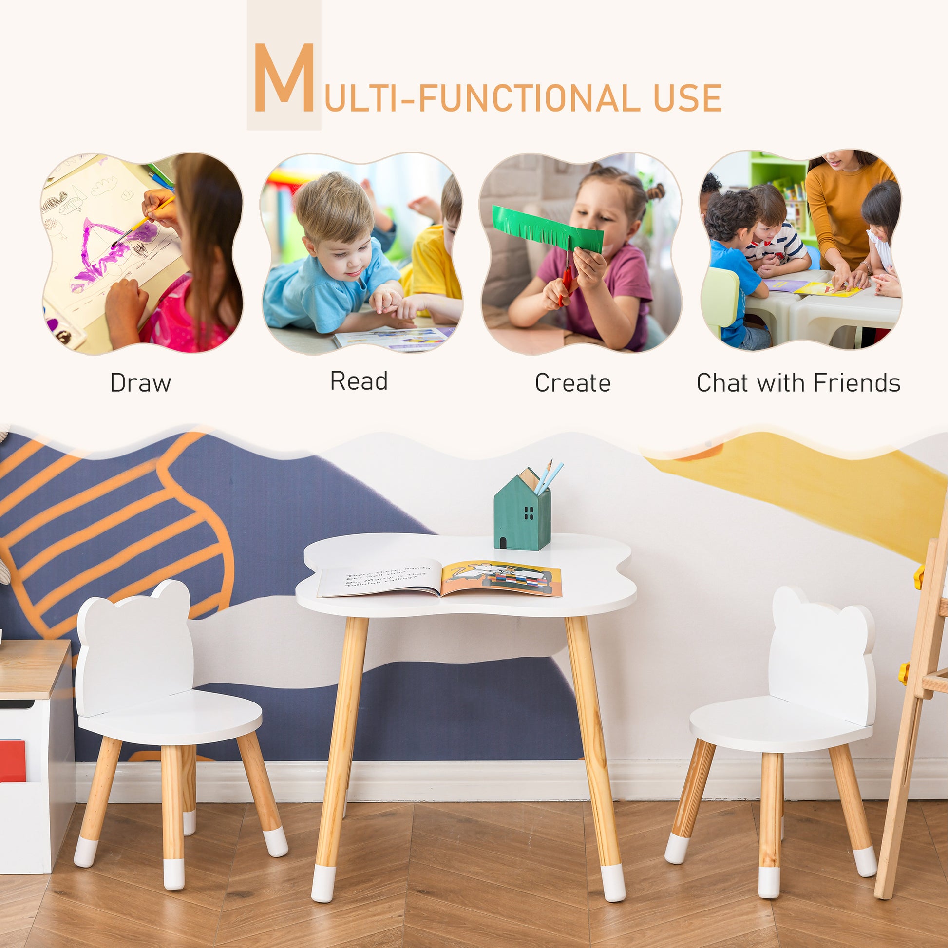 Qaba Wooden Kids Table And Chair Set Ideal For Arts, Meals, Homework, Cute Toddler Activity Table For Age 3 Years , White White Mdf