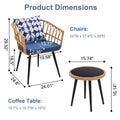 3 Piece Patio Bistro Set With Side Table, Outdoor Pe Rattan Conversation Chair Set,Furniture Of Coffee Table With Glass Top,Cushions & Lumbar Pillows For Garden,Backyard,Balcony Or Poolside Boho Blue Yes Blue Boho Pe Rattan Iron Waterproof Fabric