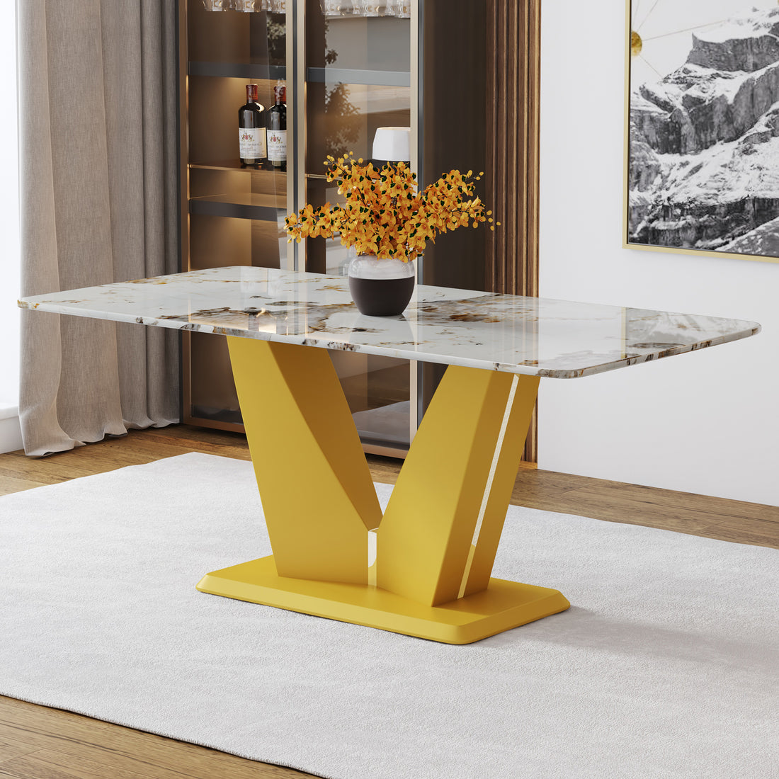 Modern Minimalist Rectangular Dining Table, 0.4 "Thick, Imitation Marble Patterned Glass Tabletop, Gold Mdf Legs. "71" * 35.4" *30" Gold Mdf Glass