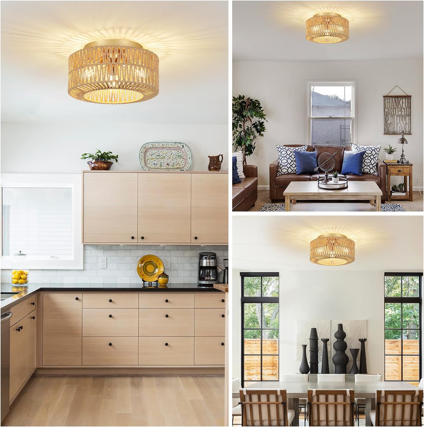 3 Light Farmhouse Rattan Ceiling Light Brown Rattan Metal