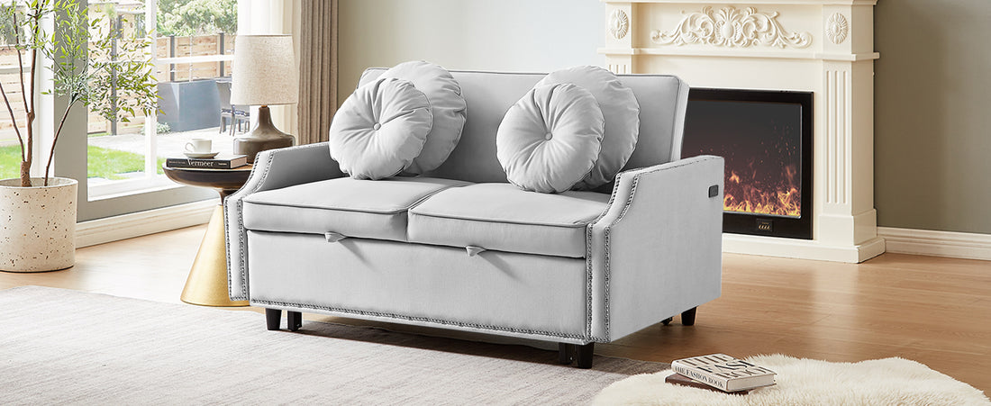 54.7" Multiple Adjustable Positions Sofa Bed Stylish Sofa Bed With A Button Tufted Backrest, Two Usb Ports And Four Floral Lumbar Pillows For Living Room, Bedroom,Or Small Space, Light Grey Light Grey Foam Polyester 2 Seat