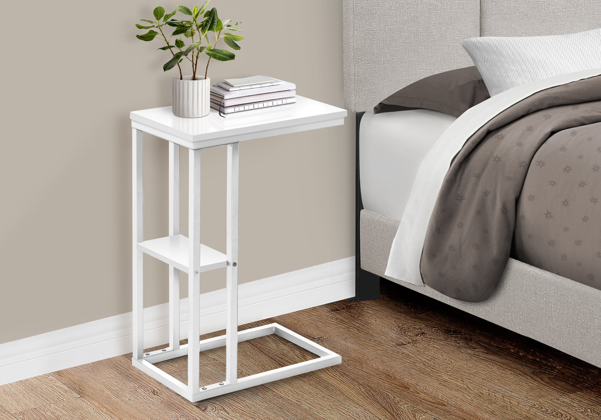 Accent Table, C Shaped, End, Side, Snack, Living Room, Bedroom, White Laminate, White Metal, Contemporary, Modern White Particle Board