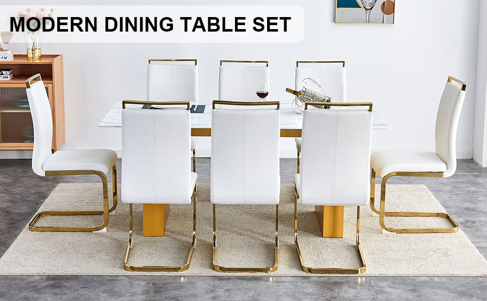 Table And Chair Set.Large Modern Rectangular Table With 0.4 Inch Patterned Glass Tabletop And Large Mdf Table Legs.Comes With 8 Chairs With Faux Leather Cushioned Seats And Golden Metal Legs. Gold White Seats 8 Mdf Glass