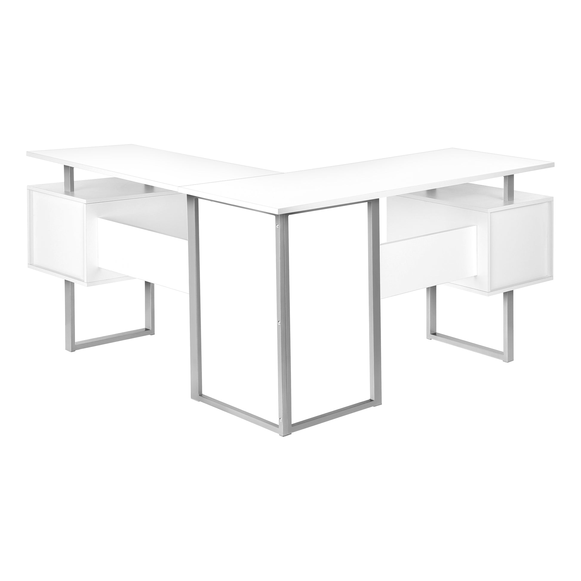 Computer Desk, Home Office, Corner, Storage, 58"L, L Shape, Work, Laptop, White Laminate, Grey Metal, Contemporary, Modern White Particle Board