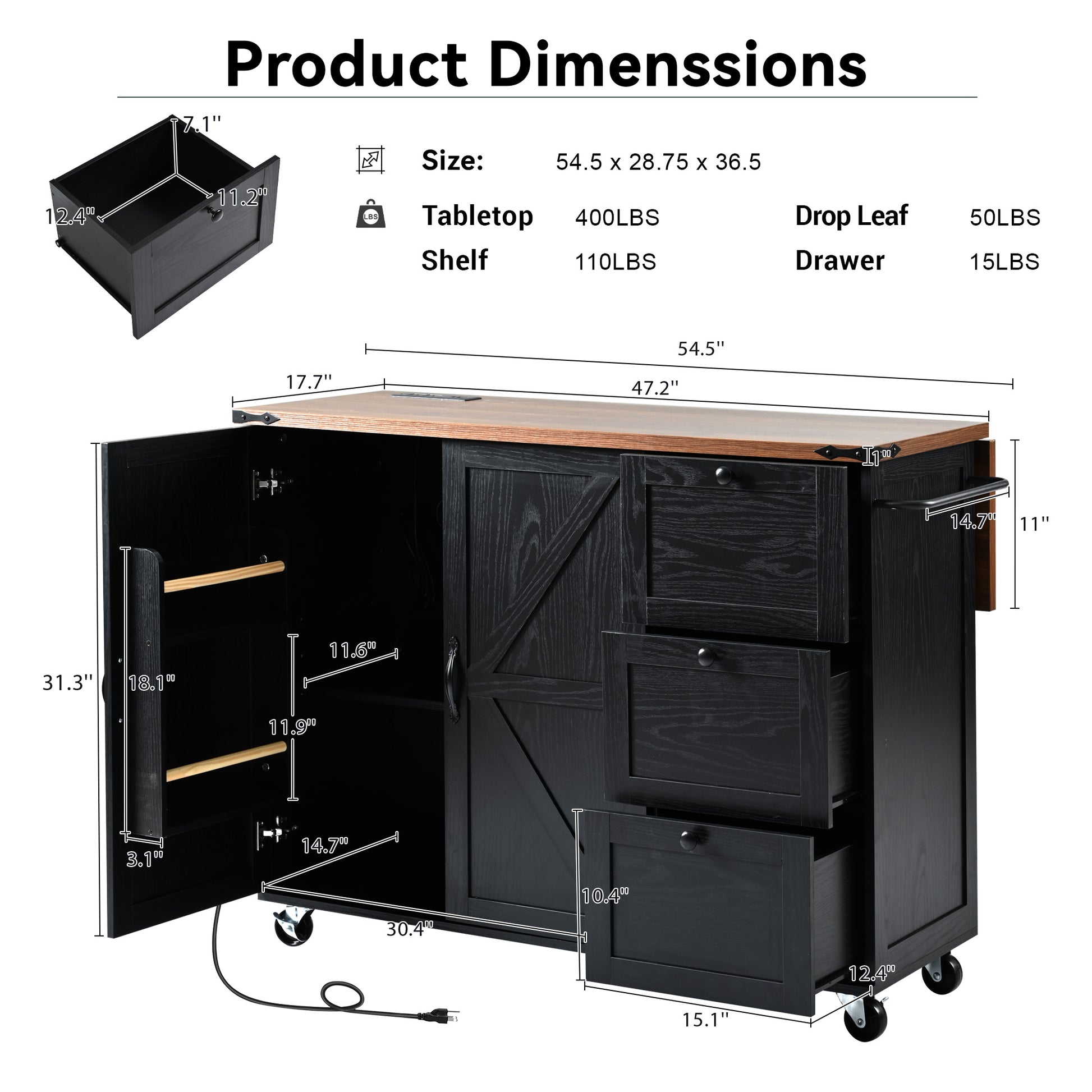 K&K 54.5" Farmhouse Kitchen Island With Power Outlet, Kitchen Storage Island With Internal Storage Rack, Drop Leaf, Spice Rack, Rolling Kitchen Cart On Wheels, For Home, Kitchen And Dining