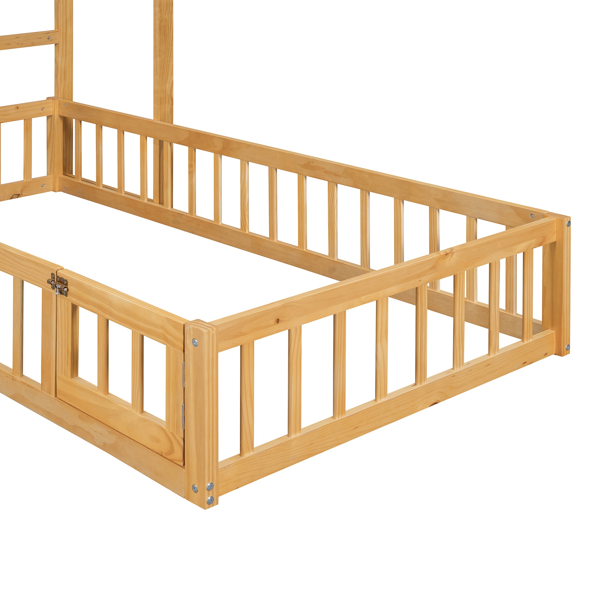 Wooden Floor Bed With Fence Railings And Detachable House Shape Headboard, Twin Size Bed With Kids Dress Up Rack, Kids Montessori Style Playhouse Frame For Girls Boys, Natural Twin Natural Wood