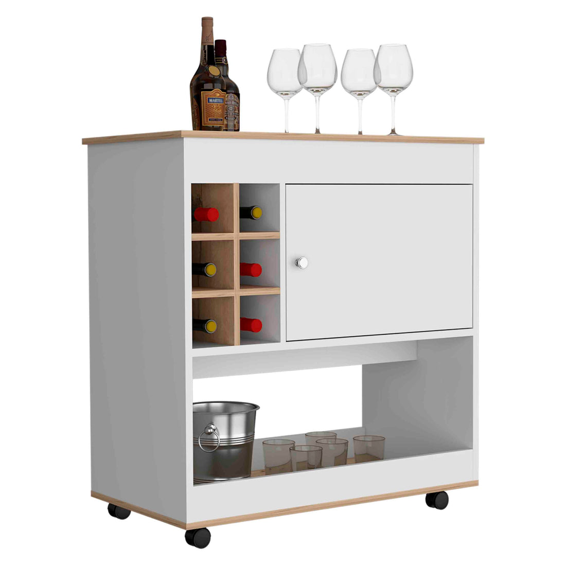 37" H Light Oak White Bar Coffee Cart, Kitchen Or