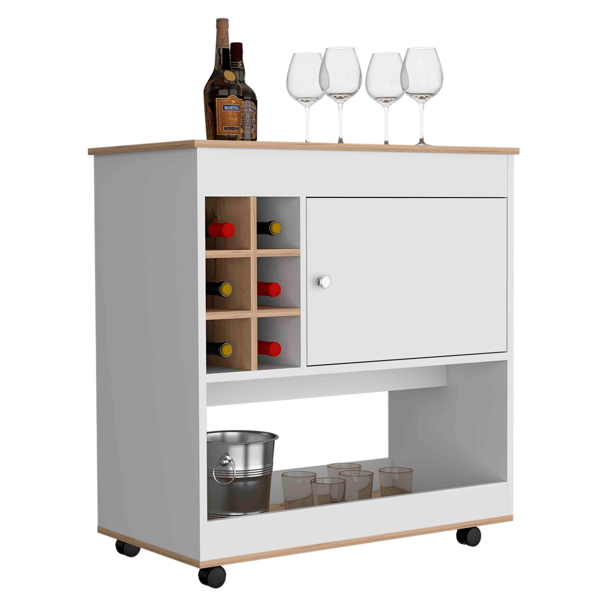 37" H Light Oak White Bar Coffee Cart, Kitchen Or Living Room Cabinet, With 4 Wheels, Central Storage With 2 Doors, Division For 6 Bottles And A Shelf With A Wooden Front On The Bottom. Multicolor