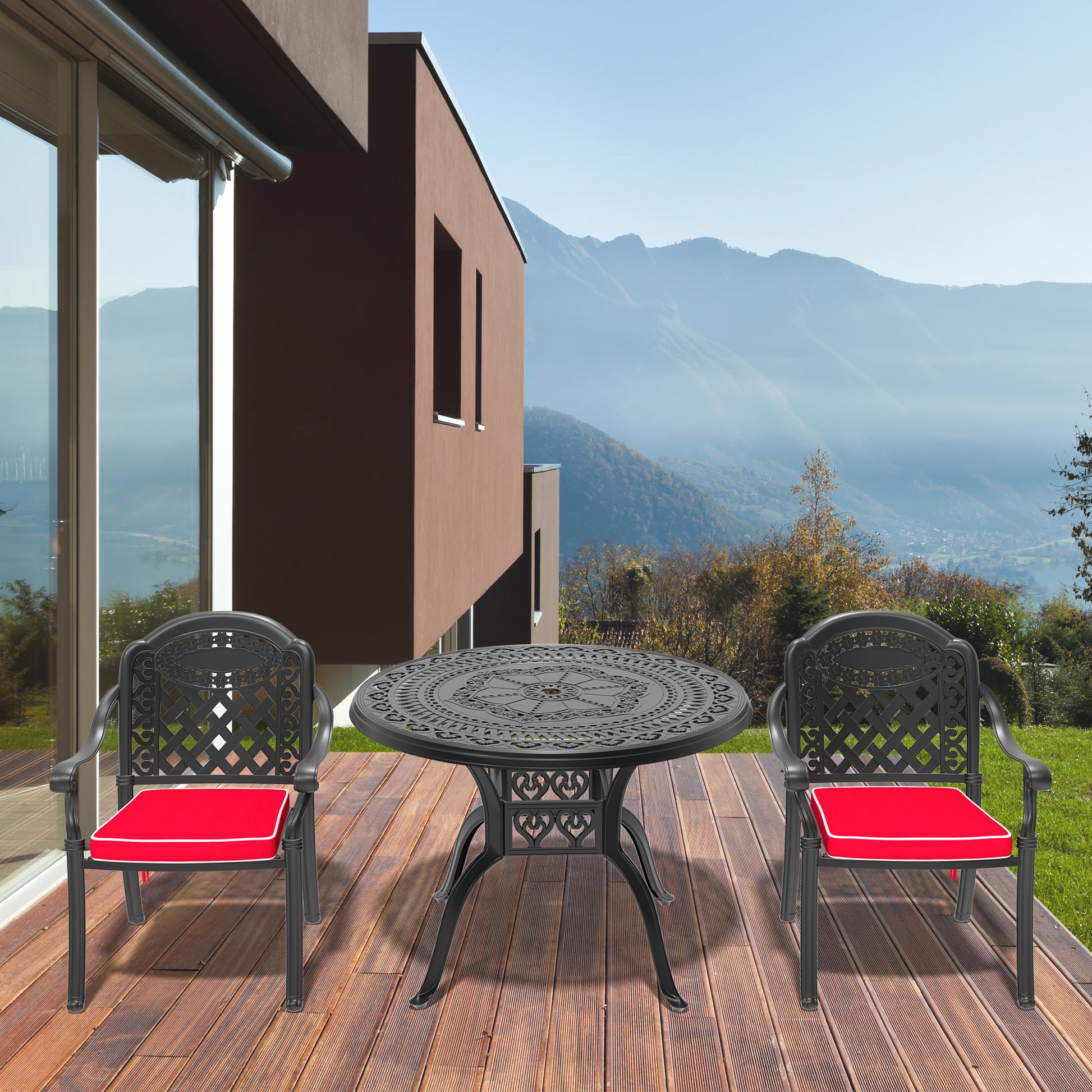 Cushions In Random Colors 3 Piece Set Of Cast Aluminum Patio Furniture With Cushions Yes Dining Set Black Seats 2 Rust Resistant Frame Water Resistant Cushion Garden & Outdoor Aluminium