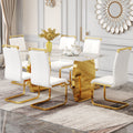 Table And Chair Set, Rock Plate Table Top, Gold Metal Table Legs, Stable And Beautiful, Suitable For Most Home Styles. Modern Simple Dining Table, Comfortable Seating. White Gold Seats 6 Sintered Stone