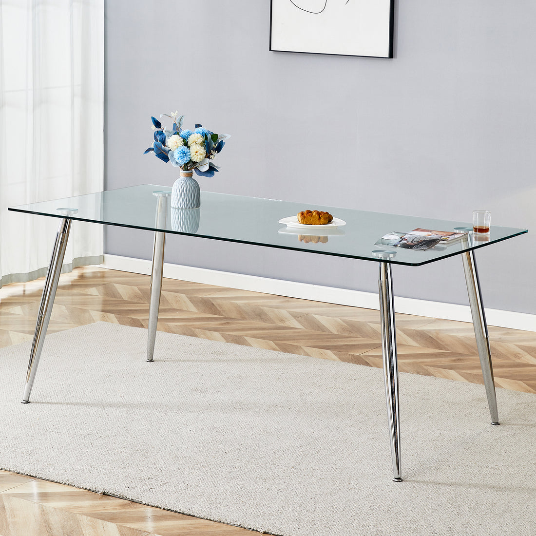 Modern Rectangular Glass Dining Table, Suitable For 4 6 People, With Tempered Glass Countertop And Silver Metal Table Legs, Writing Desk, Suitable For Kitchen, Dining Room And Living Room Transparent Glass