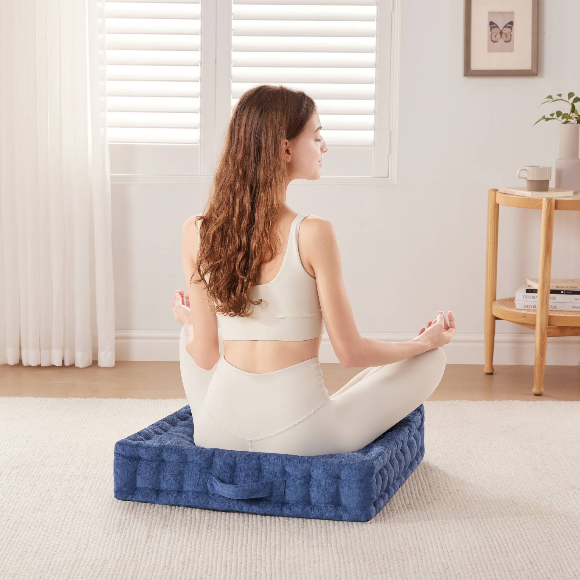 Poly Chenille Square Floor Pillow Cushion 24X24" Navy Blue Polyester