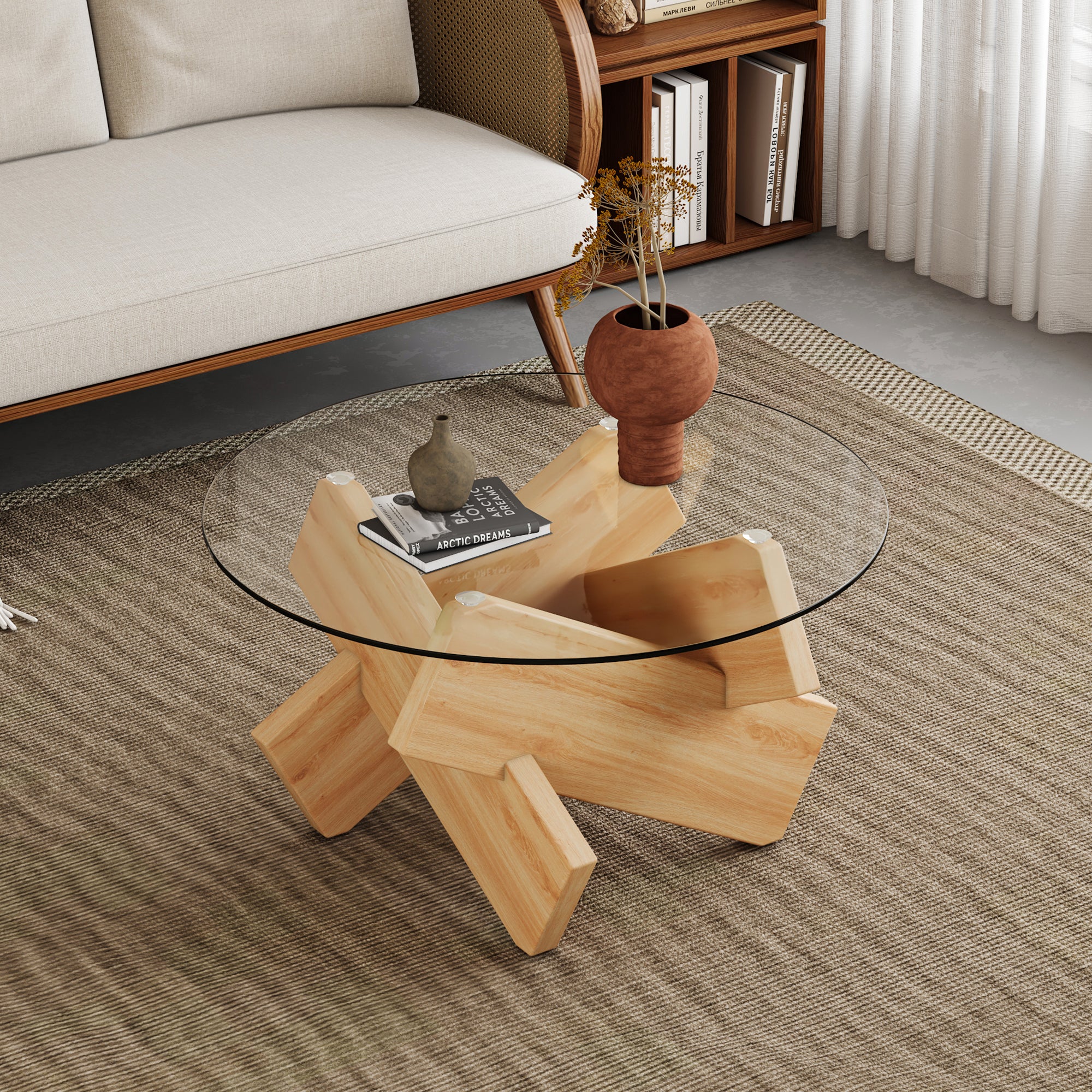 Circular Glass Coffee Table, 33.4 Inch Modern And Distinctive Design Tea Table. Tempered Glass Countertop, Wood Colored Mdf Table Legs. Suitable For Living Rooms And Farmhouses Transparent Glass