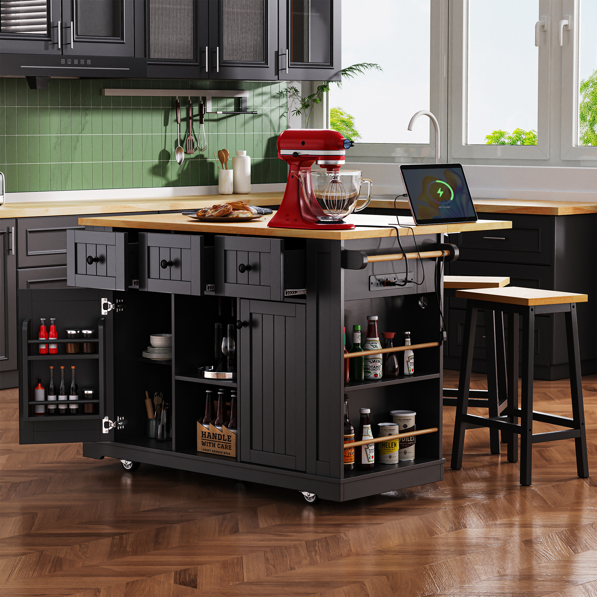 K&K 53Inch Large Kitchen Island With Drop Leaf, Power Outlet, Door Internal Storage Rack, Rolling Kitchen Cart On 5 Wheels With 5 Open Side Racks For Kitchen, Dining Room,Black Not Include Bar