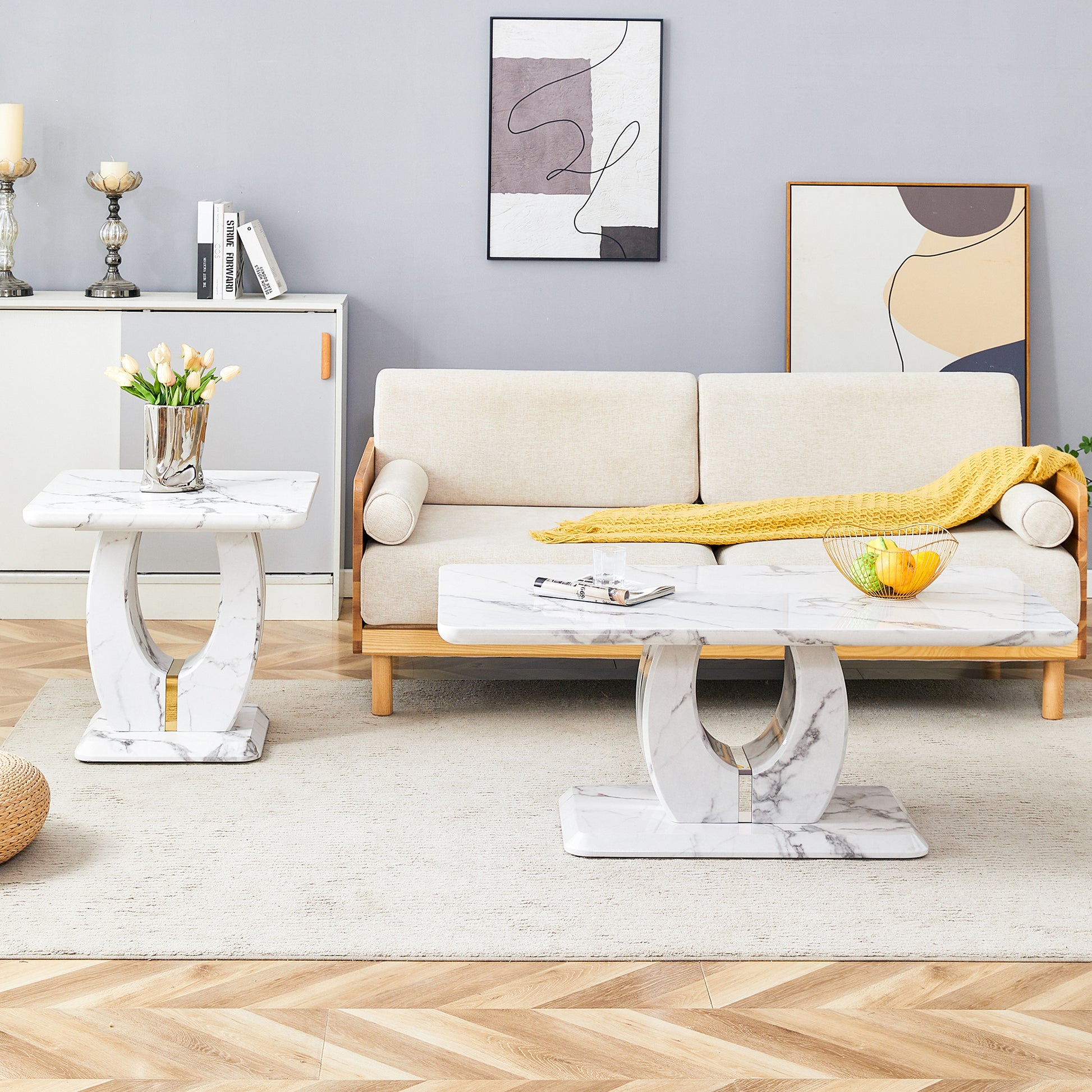 Modern Minimalist White Mdf Coffee Table Set Square Rectangular White,Mdf Coffee Table,White Marble Pattern,Side Table. White Mdf