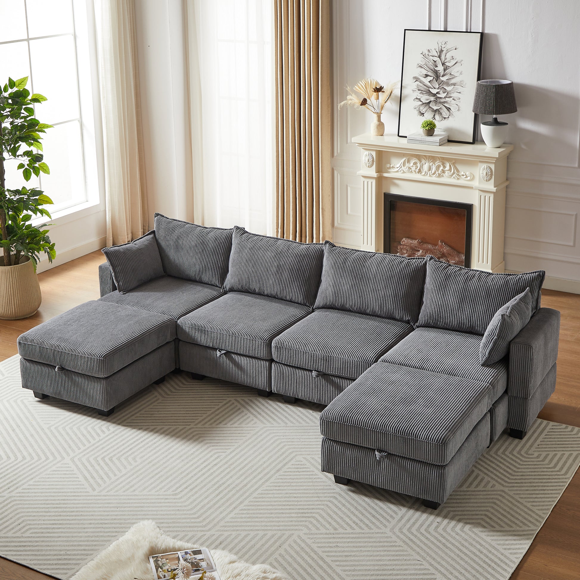 113.5'' Modular Sectiona Corduroy Sofa, Sectional Couches For Living Room U Shaped Sectional Couch With Storage Ottoman, 6 Seats Convertible Sectionals With Chaise Dark Gray Corduroy 6 Seat