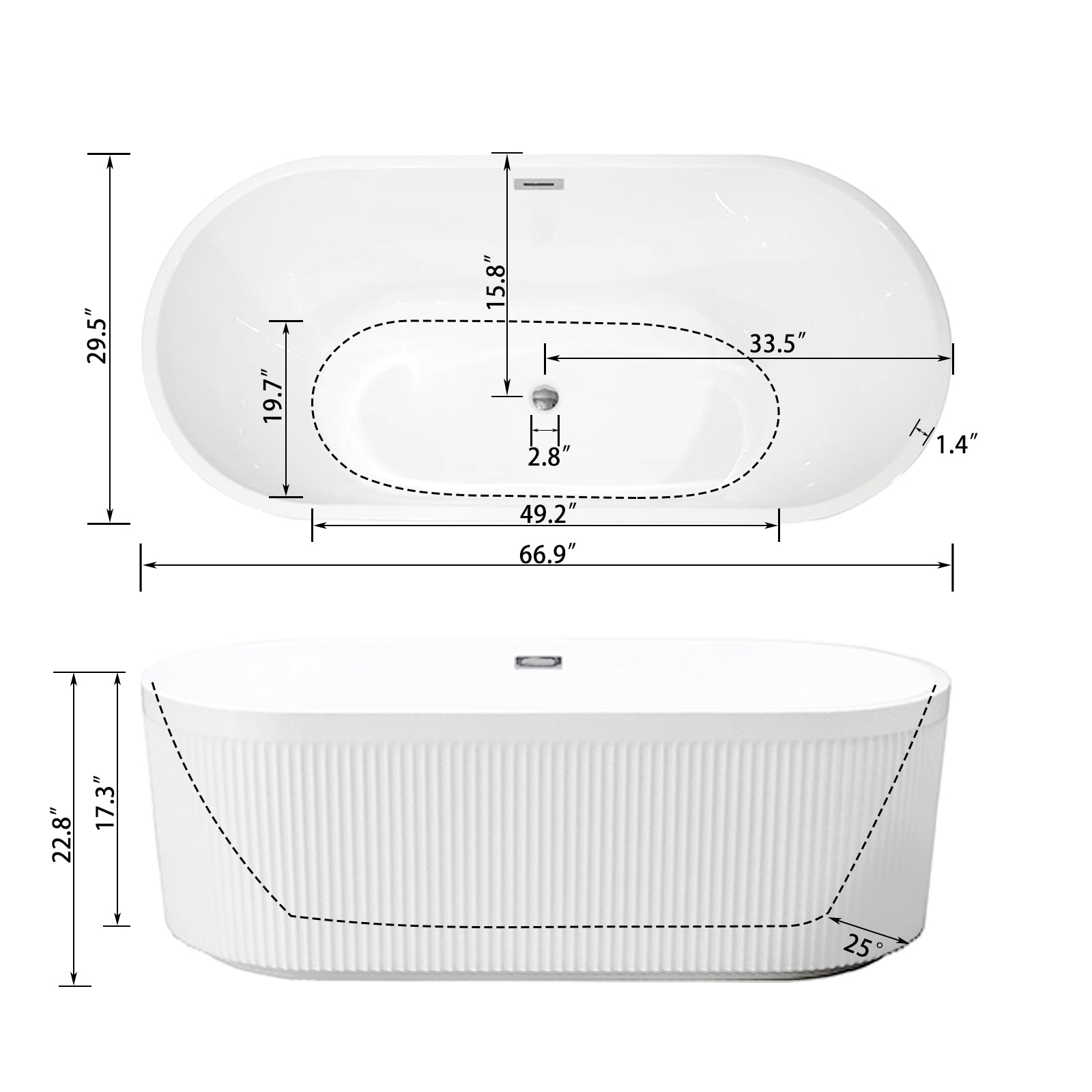 67" Acrylic Freestanding Bathtub With Unique Pleated Design: Spacious Oval Shape, Gloss White Finish, Brushed Nickel Overflow & Pop Up Drain Gloss White Oval Bathroom Freestanding Tubs Polished 59 61 In Contemporary Soaking Center Acrylic Acrylic