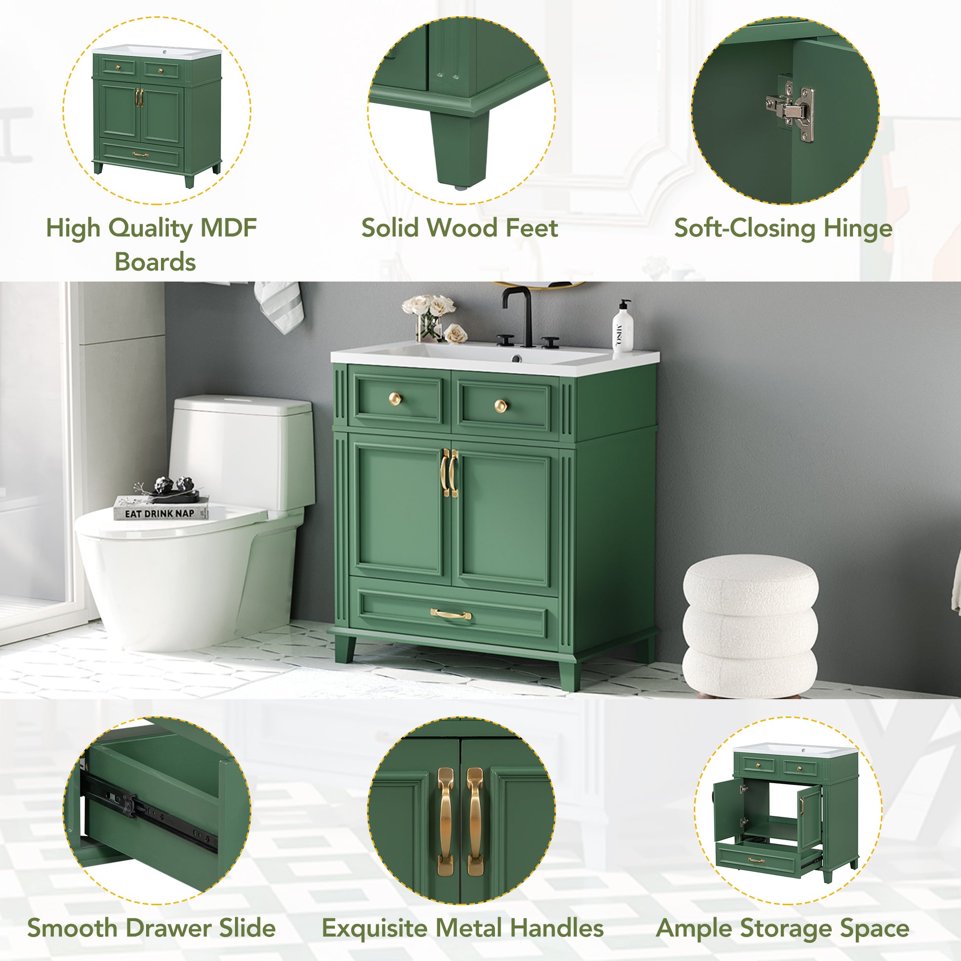 30'' Bathroom Vanity With Resin Sink, Solid Wood Frame Bathroom Storage Cabinet With Soft Closing Doors, Retro Style, Green Same As Sw000118Aaf Green Bathroom Modern Solid Wood Mdf Resin