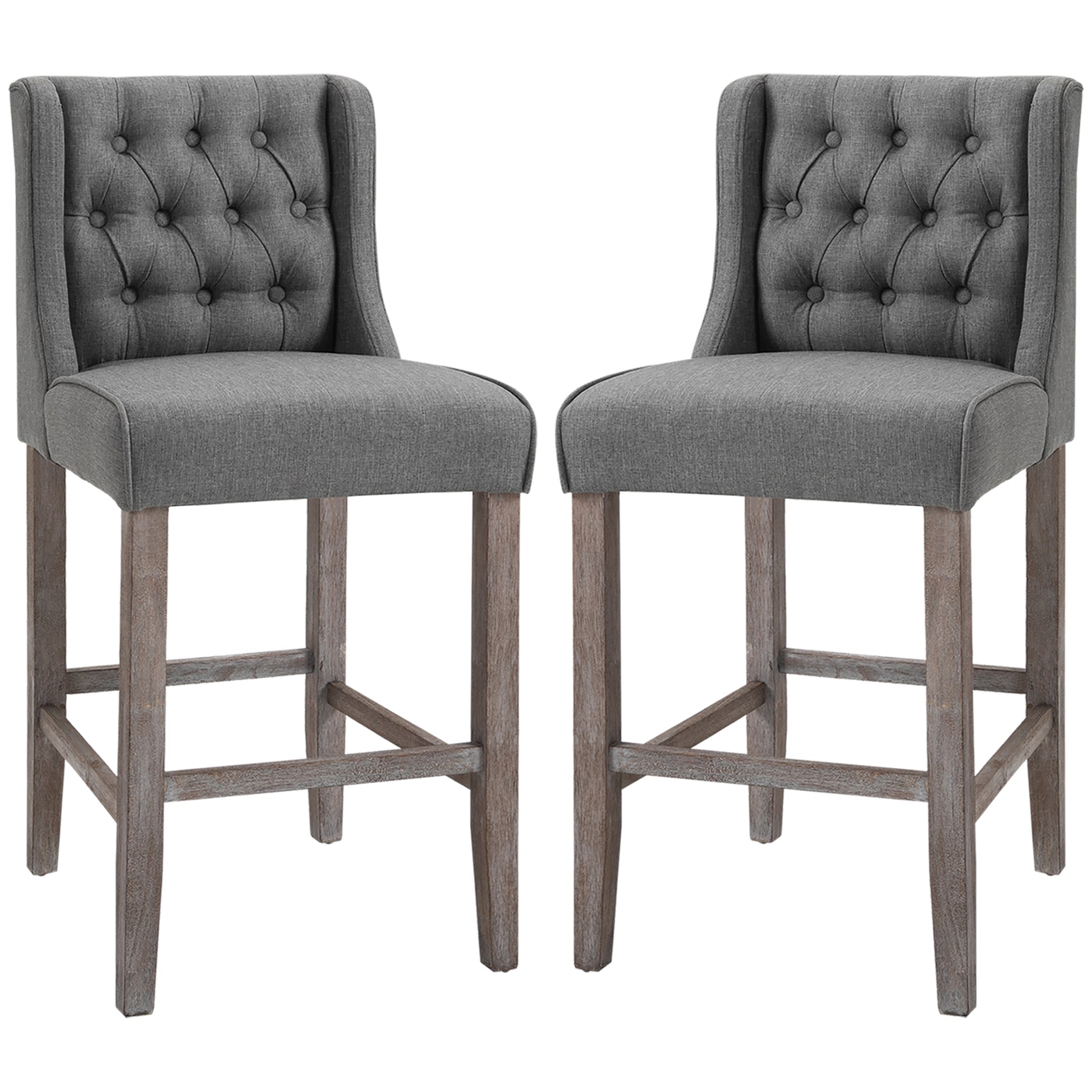 Homcom 26.25" Counter Height Bar Stools, Tufted Wingback Armless Upholstered Dining Chair With Rubber Wood Legs, Set Of 2, Gray Gray Wood