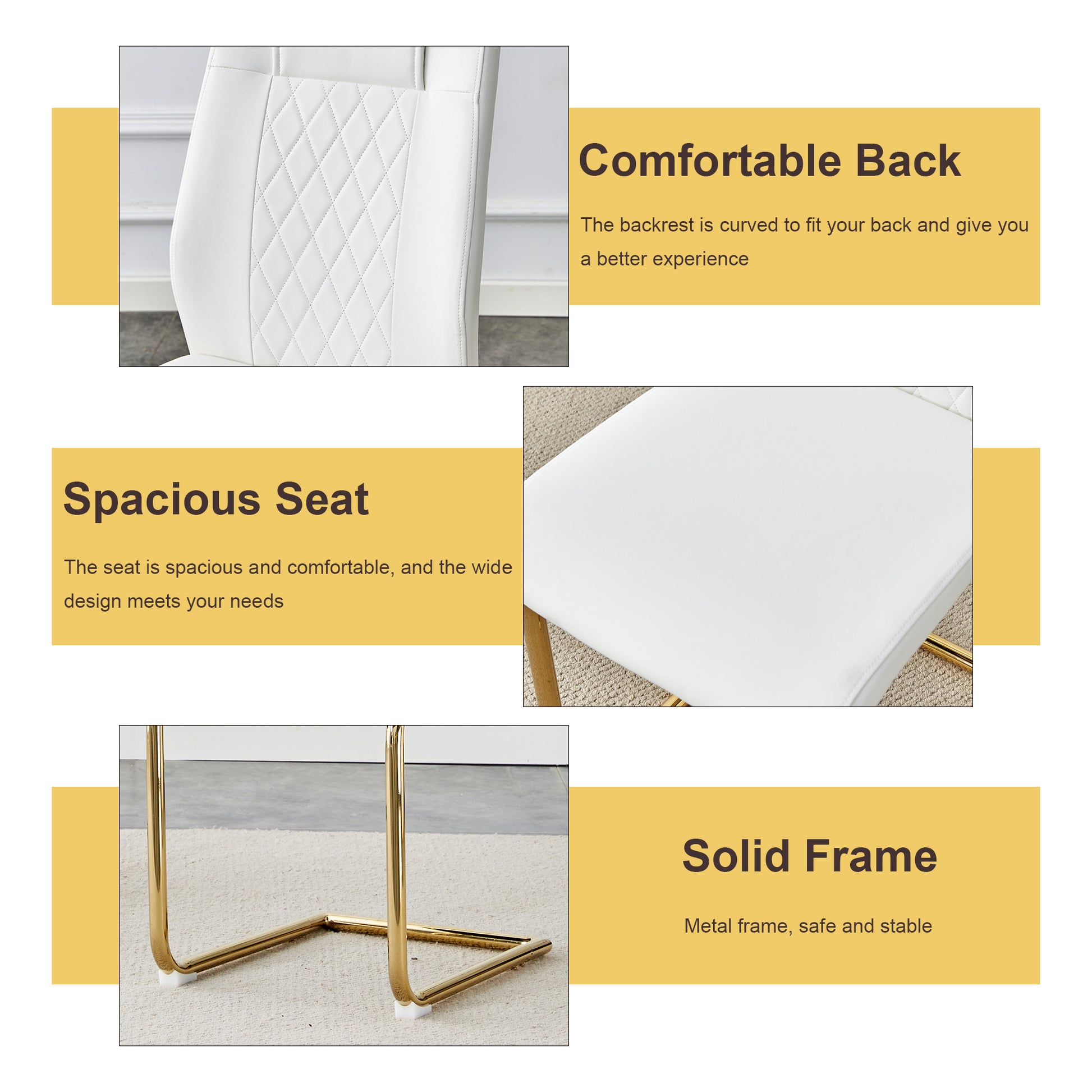 Table And Chair Set.A Modern Minimalist Style Round Clear Tempered Glass Table With Metal Legs.Paried With White Chairs With Modern Pu Leather High Back Upholstered And C Tube Golden Legs. Transparent Seats 6 Glass