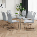 Modern Simple Rectangular Glass Dining Table, Solid Tempered Glass Tabletop, Electroplated Table Legs, Gray Pu Dining Chair Set, Suitable For Restaurant Kitchen Use Set Of 7 Upholstered Chair Glass Gray Pu Seats 6 Metal Rectangular Dining Table With