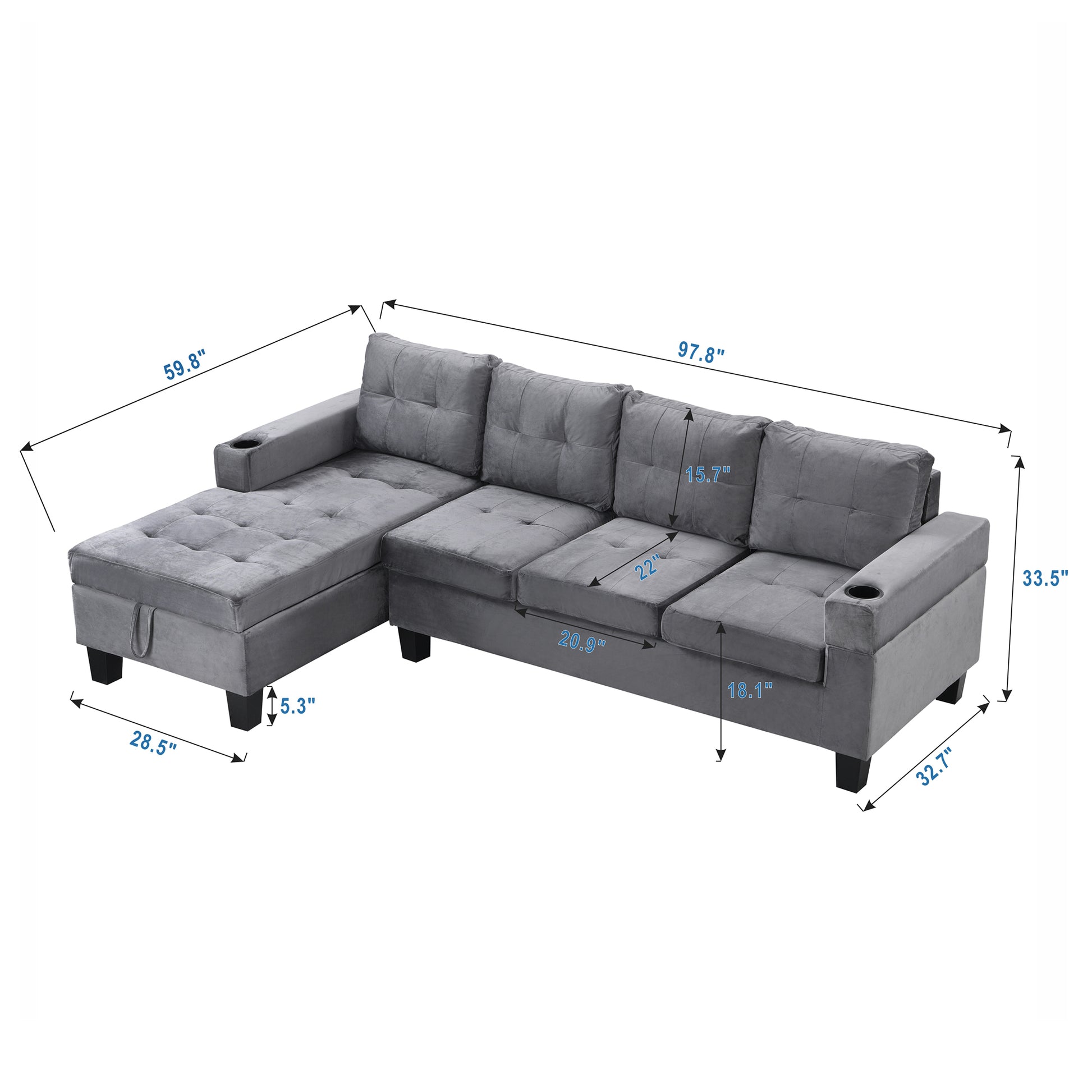 Sectional Sofa Set For Living Room With L Shape Chaise Lounge ,Cup Holder And Left Hand With Storage Chaise Modern 4 Seat Grey Grey Fabric 4 Seat