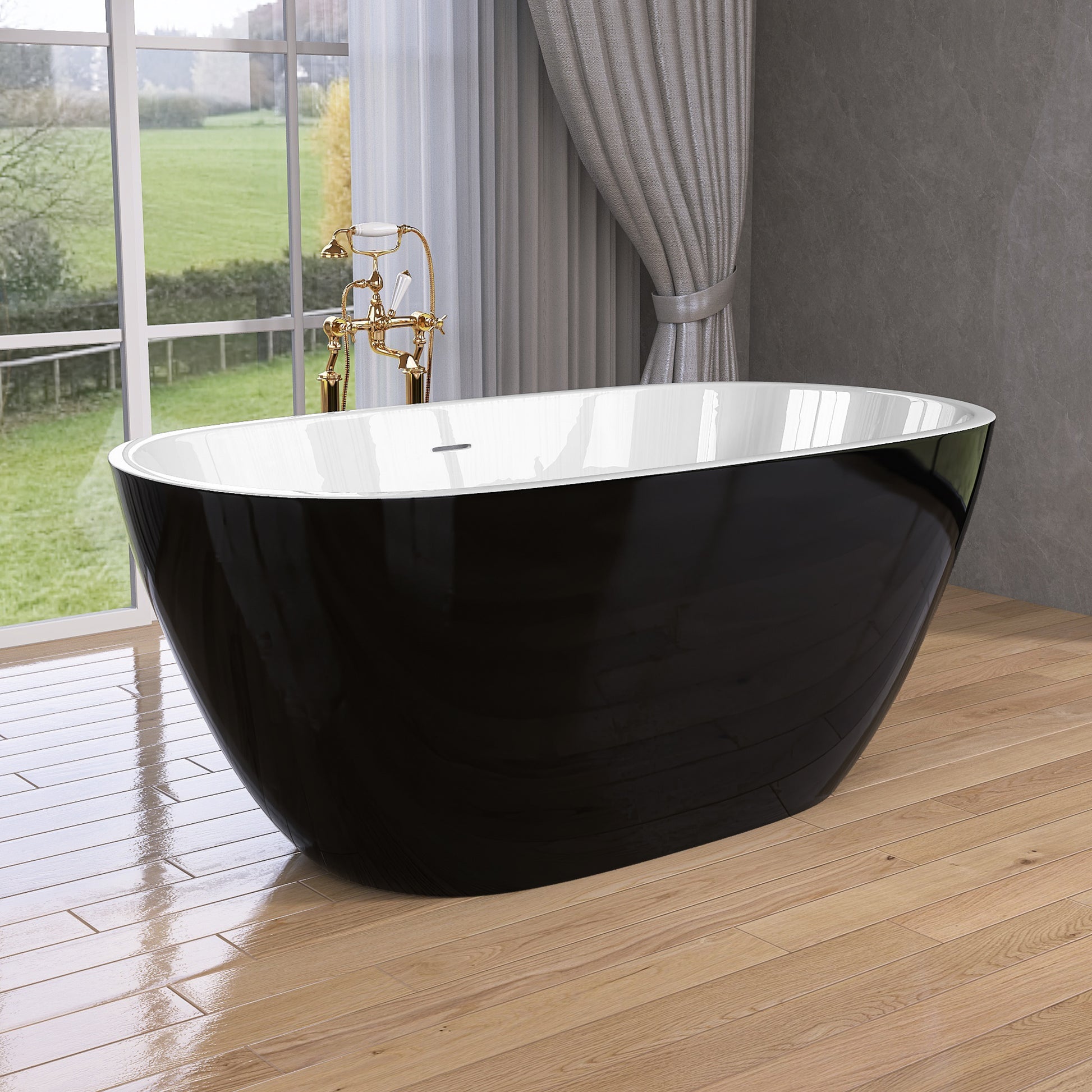 55 Inch Acrylic Freestanding Bathtub Modern Stand Alone Soaking Bathtub With Overflow And Pop Up Drain Gloss Black Black White Oval Bathroom Freestanding Tubs Polished Less Than 59 In