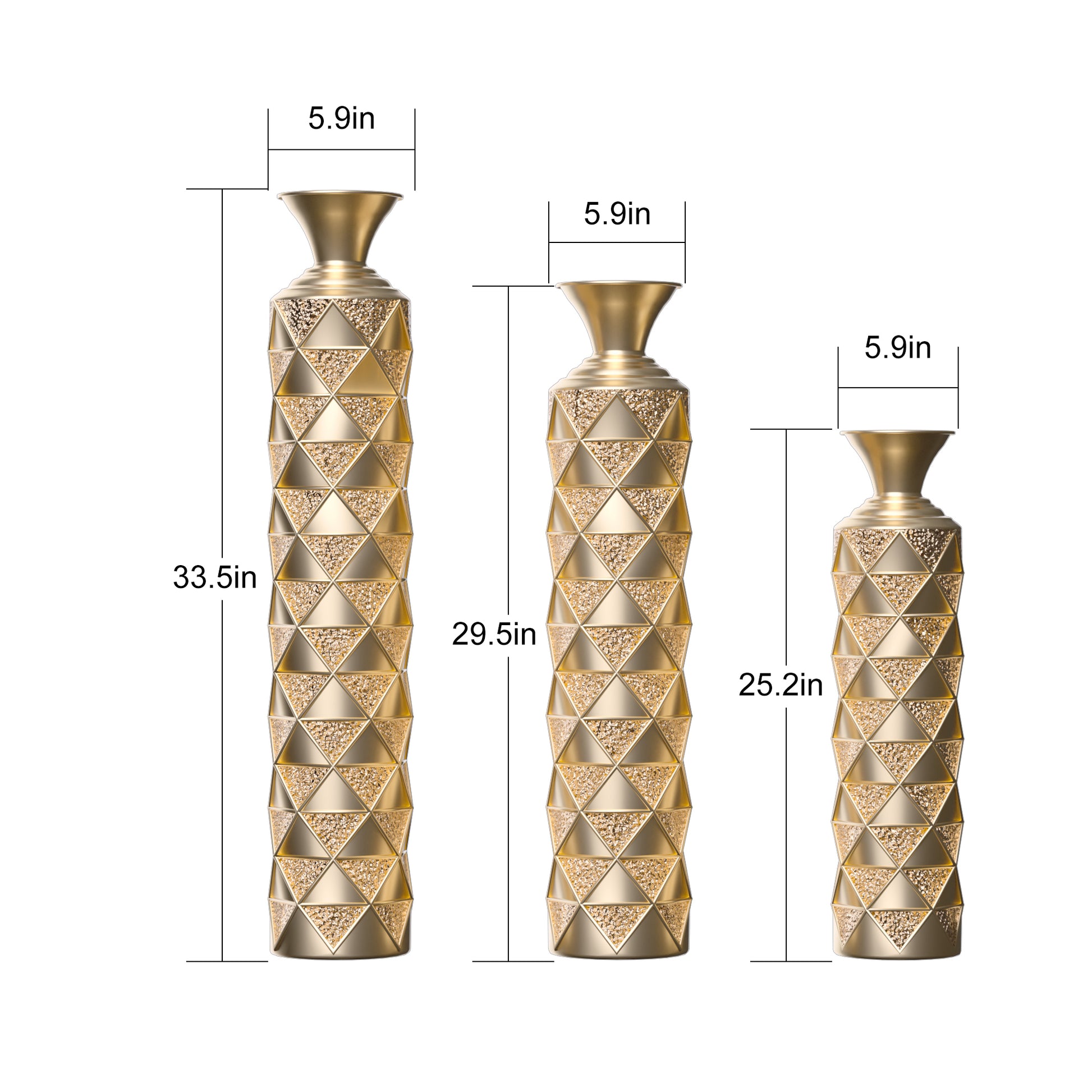 Metal Decorative Vase High Distress Metal Center Vase With 3D Triangle Pattern, Set Of 3 Vases For Home Decoration 33.5 ", 29.5 ", 25.2 "High, Gold Antique Gold American Design,American Traditional,Antique,Art Deco Metal