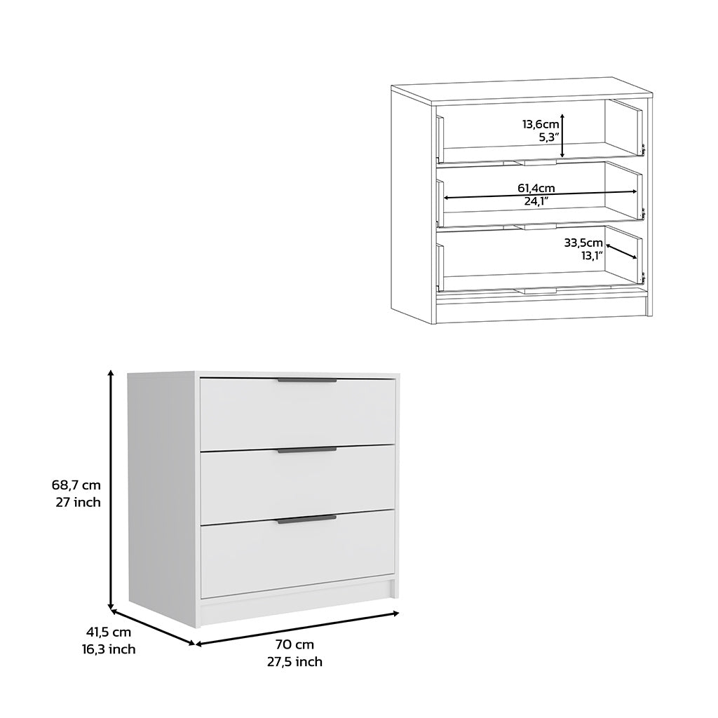 Dresser 27"H, 3 Drawers Dresser, Superior Top, White White Particle Board Particle Board