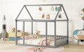 Full Size Floor Wooden Bed With House Roof Frame And Safety Guardrails ,Gray Full Gray Pine