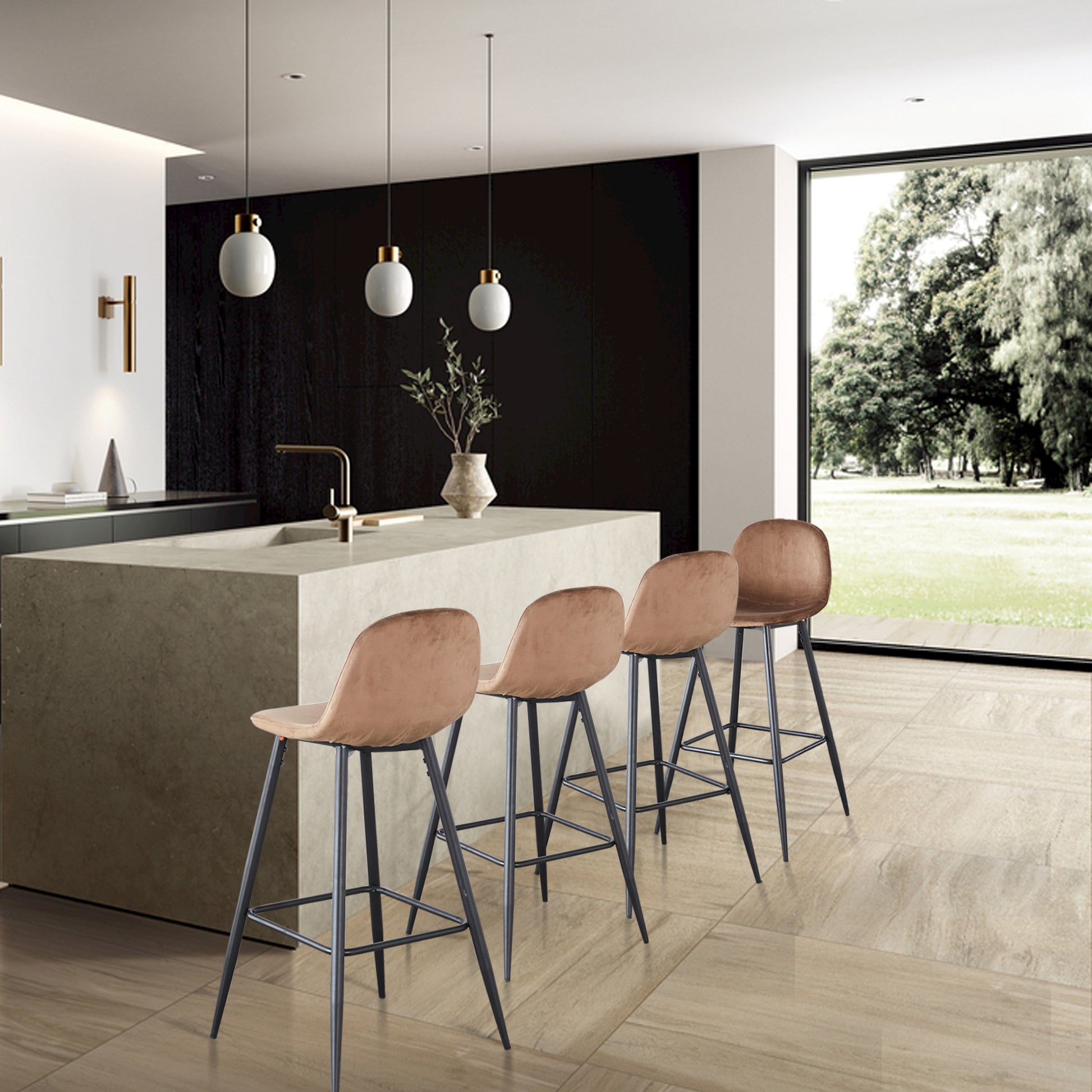 Bar Stools Set Of 2, 30 Inches Velvet Barstool Modern Counter Bar Height Chair With Back, Sturdy Metal Legs & Footrests, Easy Assembly, Island Stool For Kitchen Bar Brown Velvet