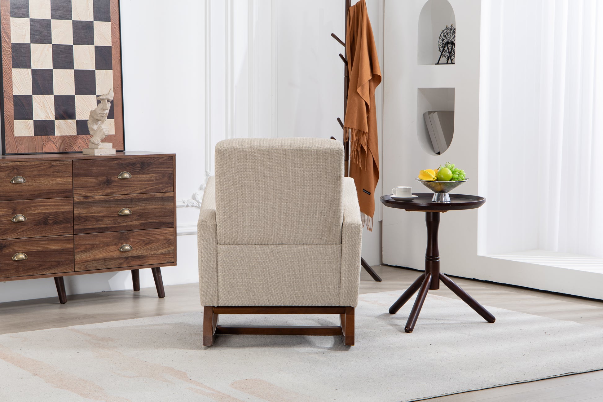 Mid Century Modern Accent Chair With Wood Frame, Upholstered Living Room Chairs With Waist Cushion, Reading Armchair For Bedroom Sunroom Grey White Linen