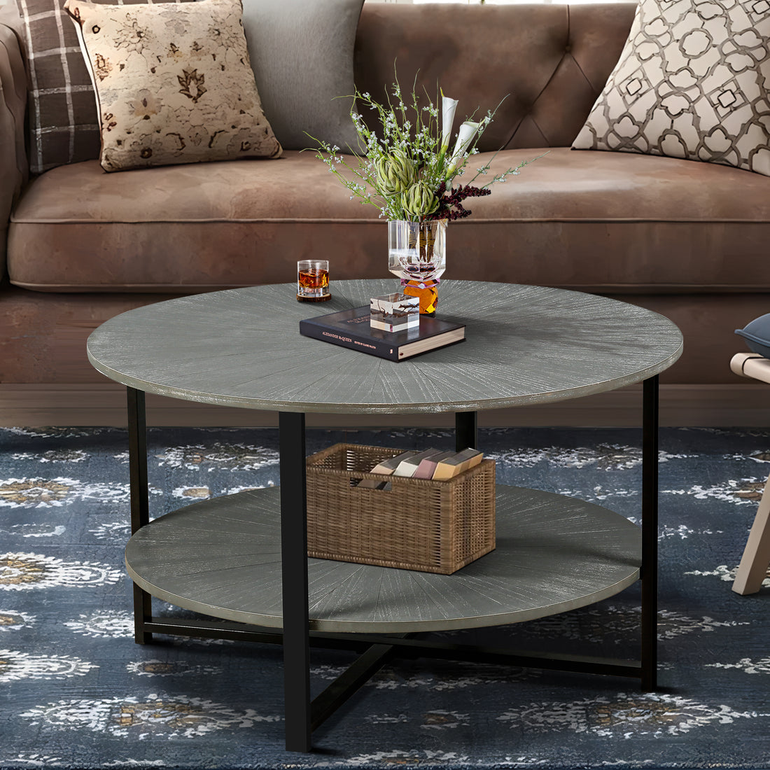 31.5"D X 31.5''W X 18.3''H Round Coffee Table With 2 Tier Storage, Farmhouse Living Room Cocktail Table With Black Metal Leg,Patchwork Desktop Effect Easy Assembly Antique Gray Antique Gray Primary Living Space American Design Floor Mount Round Open