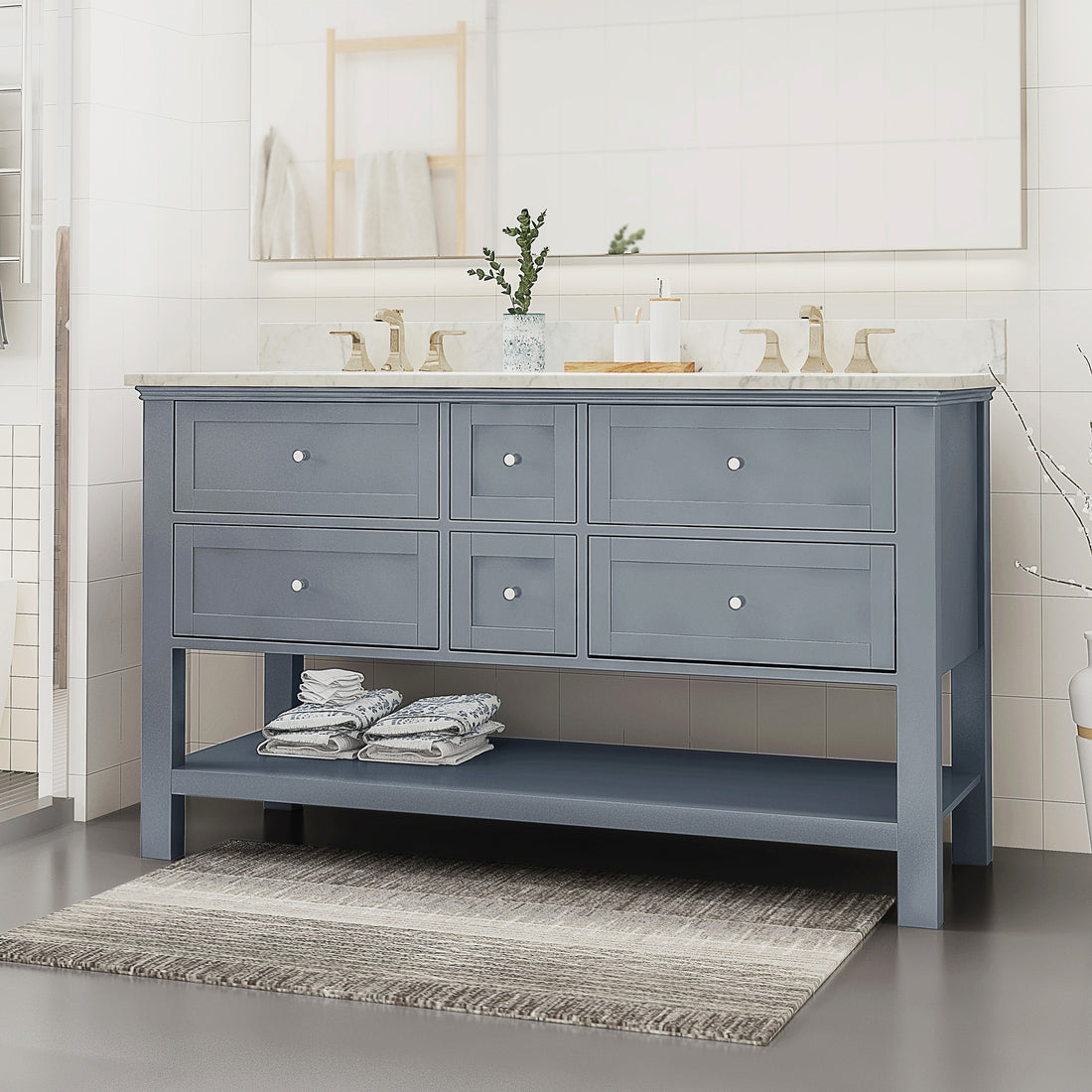 61'' Bathroom Vanity With Marble Top & Double Ceramic Sinks, 4 Drawers, Open Shelf, Gray Gray Plywood